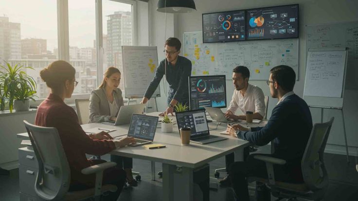 Business team using managed IT services and data dashboards in Texas office