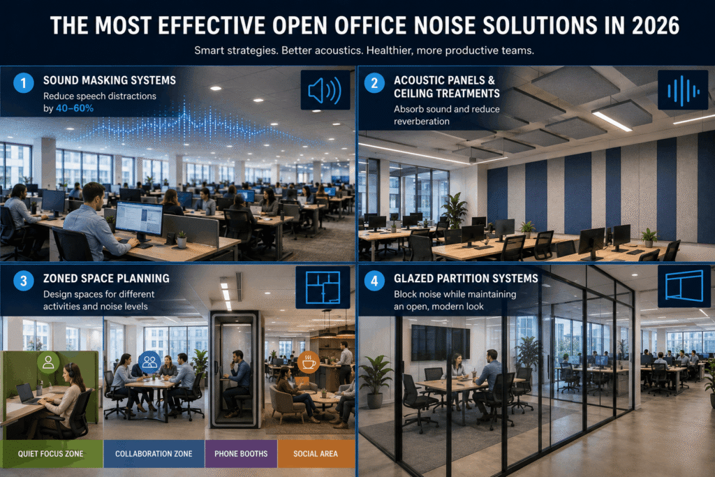 Open office noise solutions including sound masking speakers installed in modern open-plan Texas office