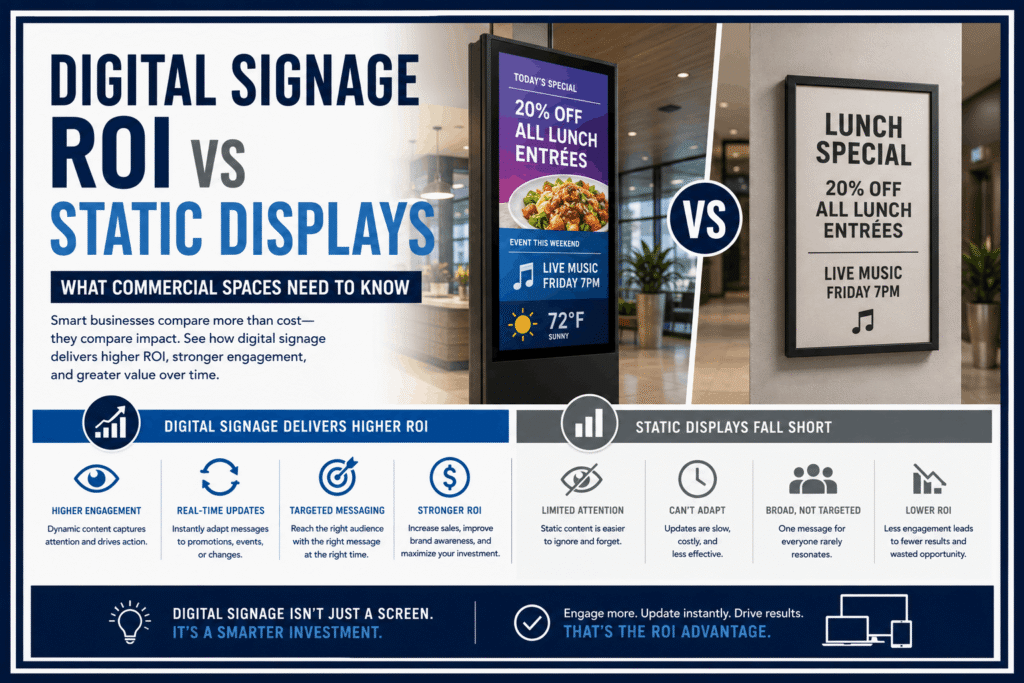 Digital signage ROI comparison showing LED signage in commercial building lobby versus static print display