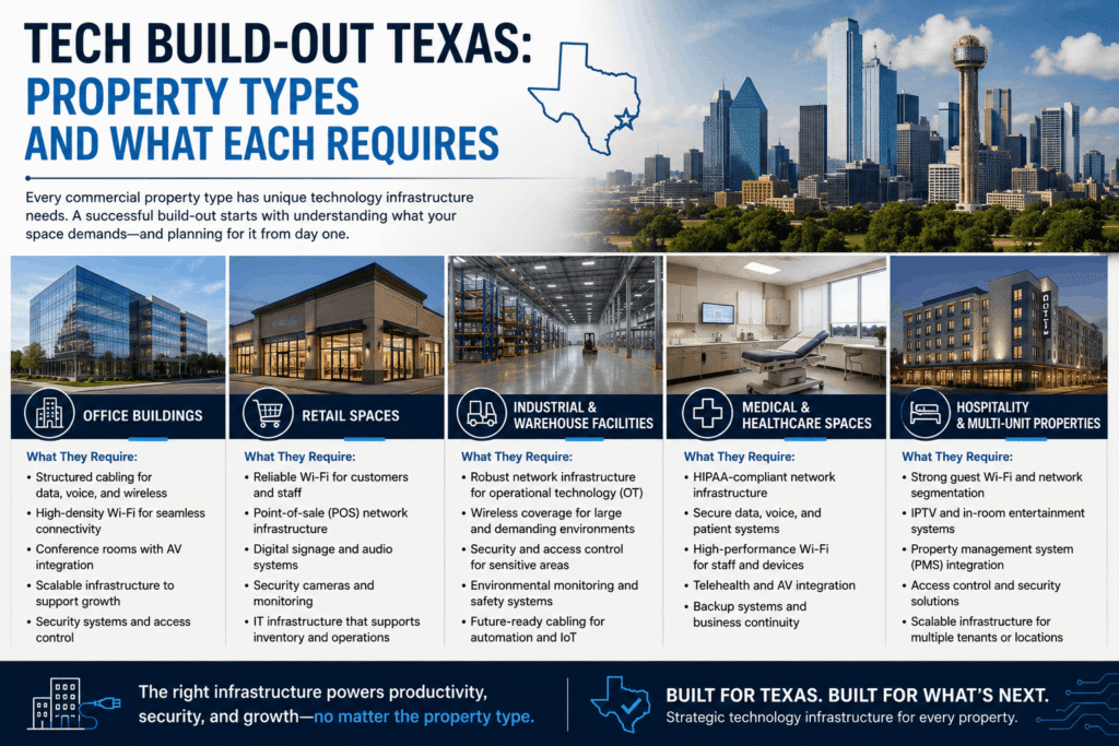 Tech build-out Texas commercial real estate developer reviewing AV and cabling infrastructure plans on job site