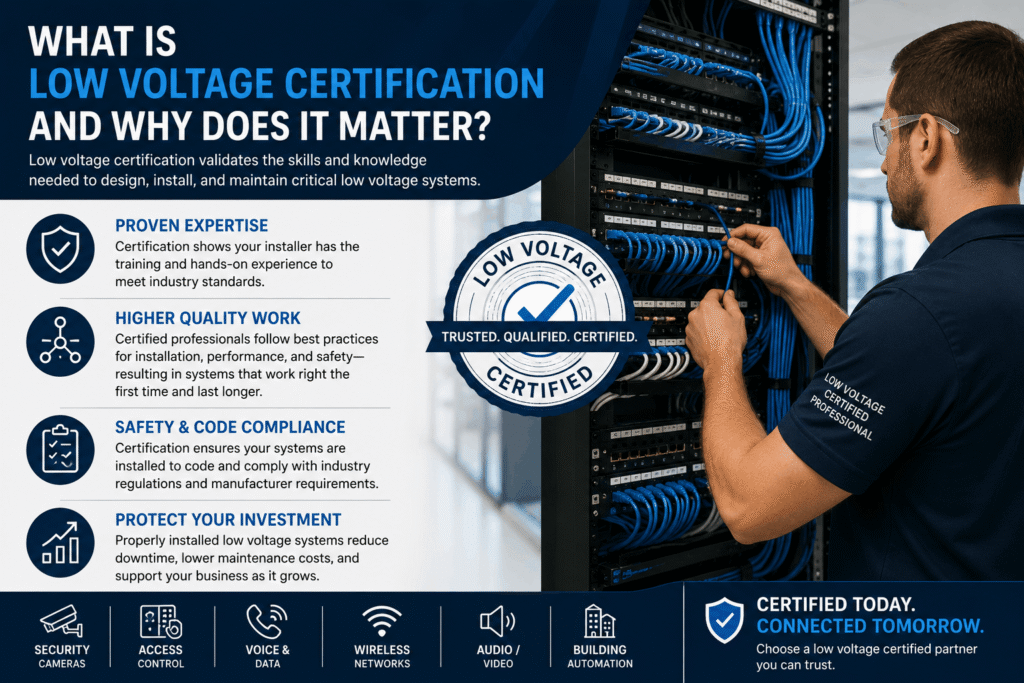 BICSI certified cabling technician installing structured low voltage cabling in Texas commercial building