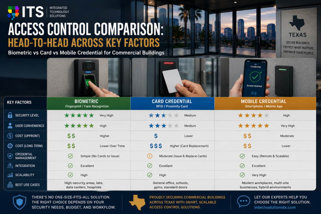 Access control comparison showing biometric fingerprint reader, key card reader, and mobile credential smartphone side by side in Texas commercial building