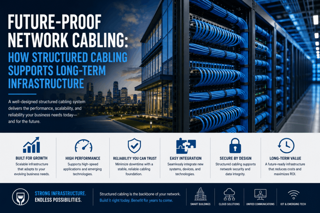 Future-proof network cabling installation showing organized Cat6A structured cabling in Texas commercial building IDF room