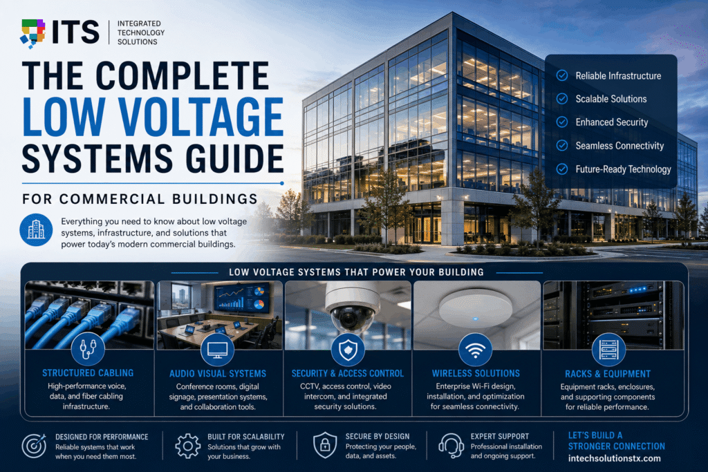 Low voltage systems guide showing commercial building low voltage infrastructure including cabling, AV, security and wireless systems